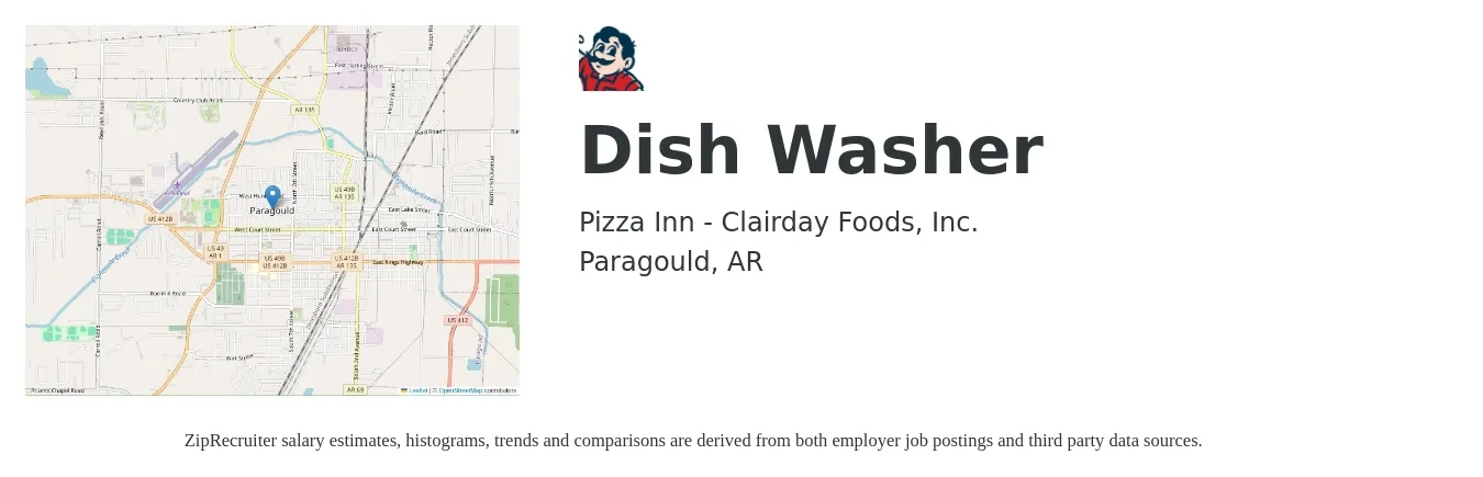 Pizza Inn - Clairday Foods, Inc. job posting for a Dish Washer in Paragould, AR with a salary of $12 to $16 Hourly with a map of Paragould location.