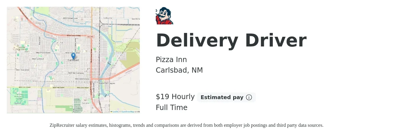 Pizza Inn job posting for a Delivery Driver in Carlsbad, NM with a salary of $20 Hourly with a map of Carlsbad location.