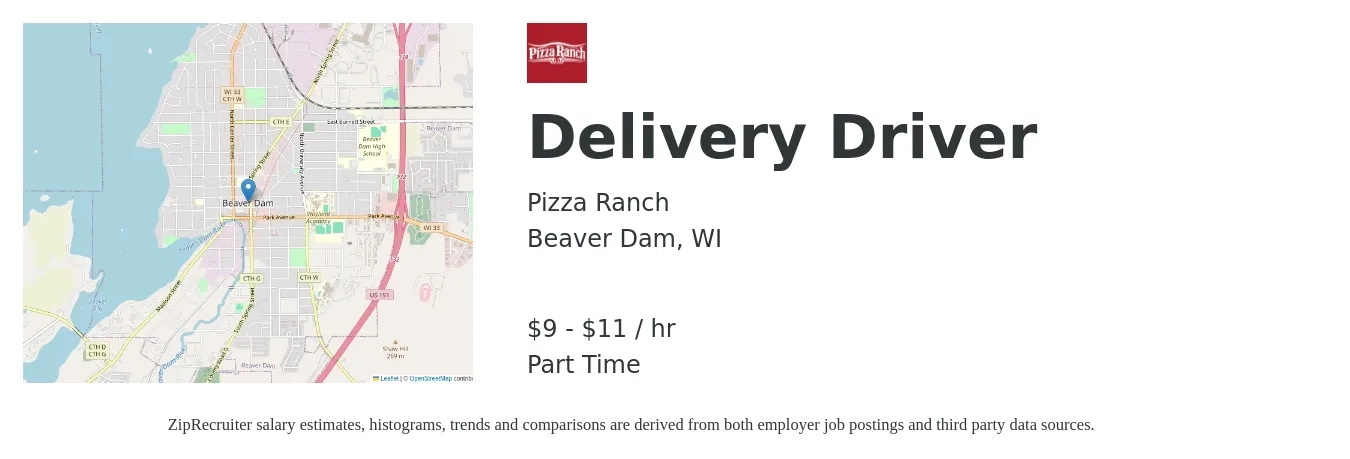Pizza Ranch job posting for a Delivery Driver in Beaver Dam, WI with a salary of $10 to $12 Hourly with a map of Beaver Dam location.