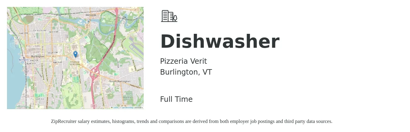 Pizzeria Verit job posting for a Dishwasher in Burlington, VT with a salary of $13 to $16 Hourly with a map of Burlington location.