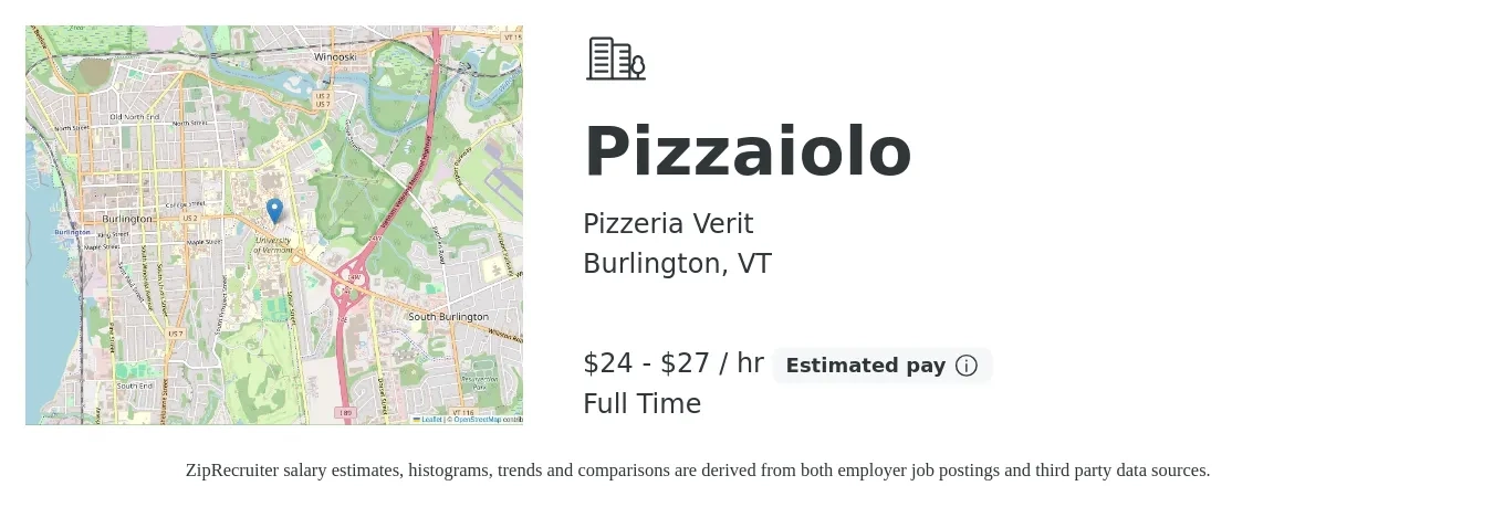 Pizzeria Verit job posting for a Pizzaiolo in Burlington, VT with a salary of $25 to $29 Hourly with a map of Burlington location.