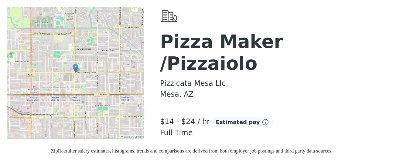 Pizzicata Mesa Llc job posting for a Pizza Maker /Pizzaiolo in Mesa, AZ with a salary of $15 to $25 Hourly with a map of Mesa location.