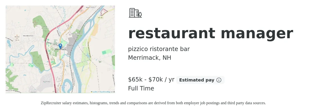 pizzico ristorante bar job posting for a restaurant manager in Merrimack, NH with a salary of $65,000 to $70,000 Yearly with a map of Merrimack location.