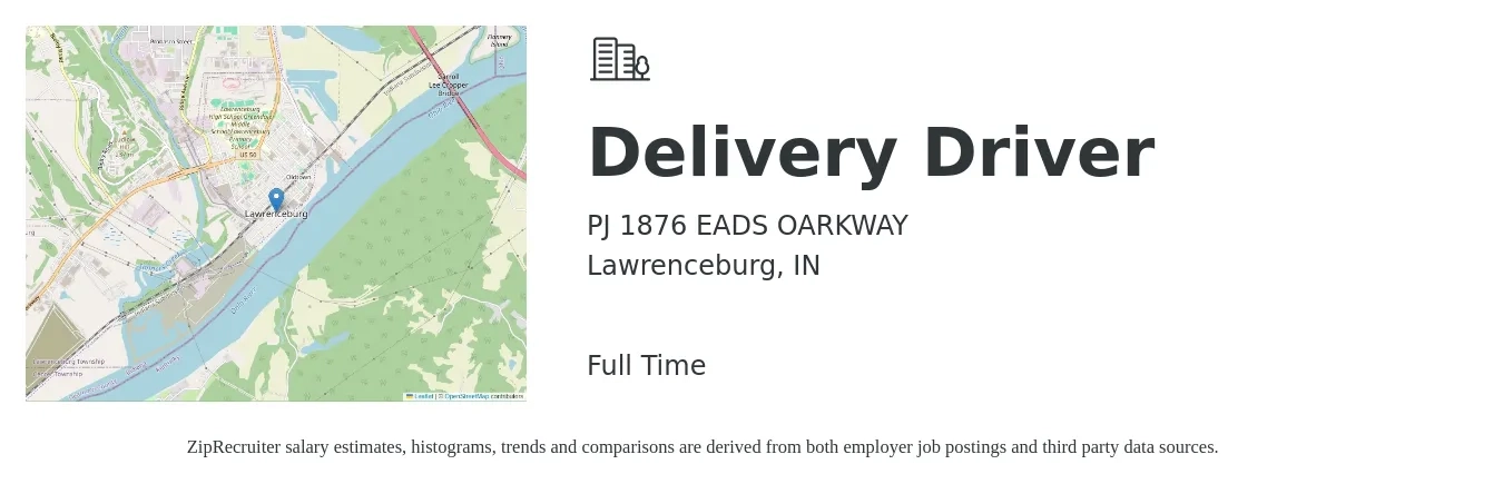 PJ 1876 EADS OARKWAY job posting for a Delivery Driver in Lawrenceburg, IN with a salary of $15 to $19 Hourly with a map of Lawrenceburg location.