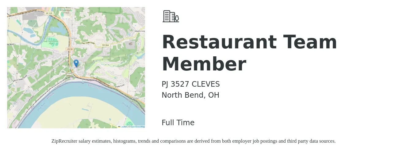 PJ 3527 CLEVES job posting for a Restaurant Team Member in North Bend, OH with a salary of $11 to $14 Hourly with a map of North Bend location.