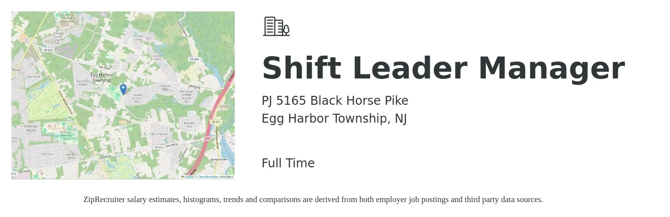 PJ 5165 Black Horse Pike job posting for a Shift Leader Manager in Egg Harbor Township, NJ with a salary of $14 to $17 Hourly with a map of Egg Harbor Township location.