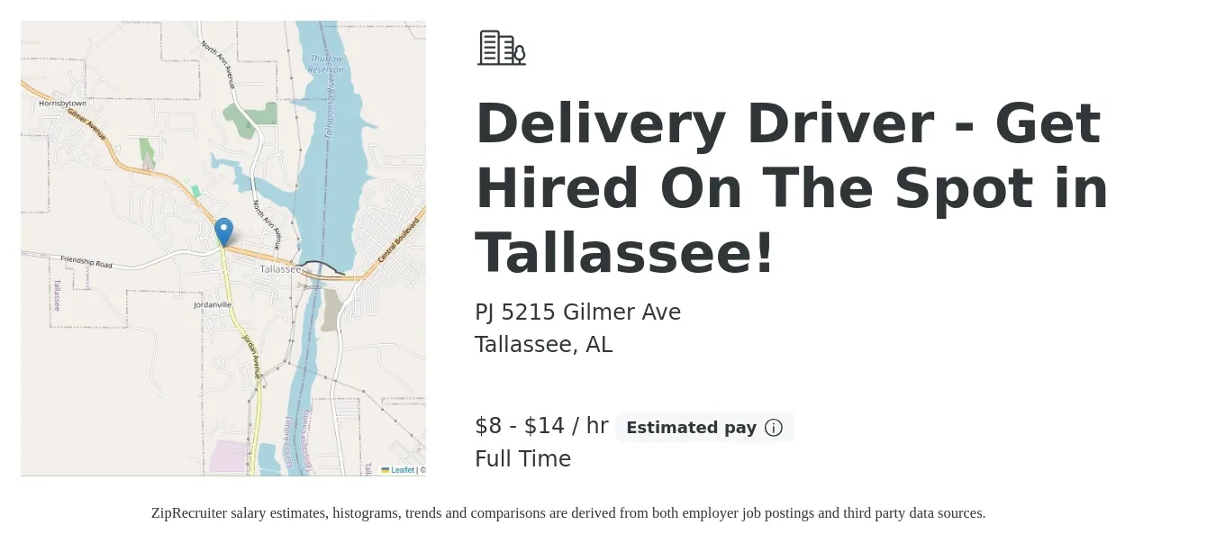 PJ 5215 Gilmer Ave job posting for a Delivery Driver - Get Hired On The Spot in Tallassee! in Tallassee, AL with a salary of $9 to $15 Hourly with a map of Tallassee location.