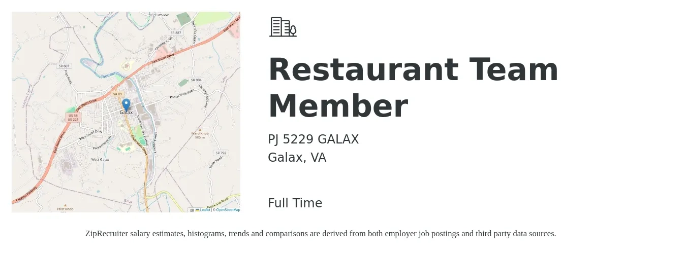 PJ 5229 GALAX job posting for a Restaurant Team Member in Galax, VA with a salary of $10 to $14 Hourly with a map of Galax location.
