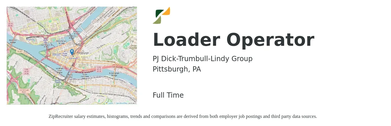 PJ Dick-Trumbull-Lindy Group job posting for a Loader Operator in Pittsburgh, PA with a salary of $20 to $27 Hourly with a map of Pittsburgh location.