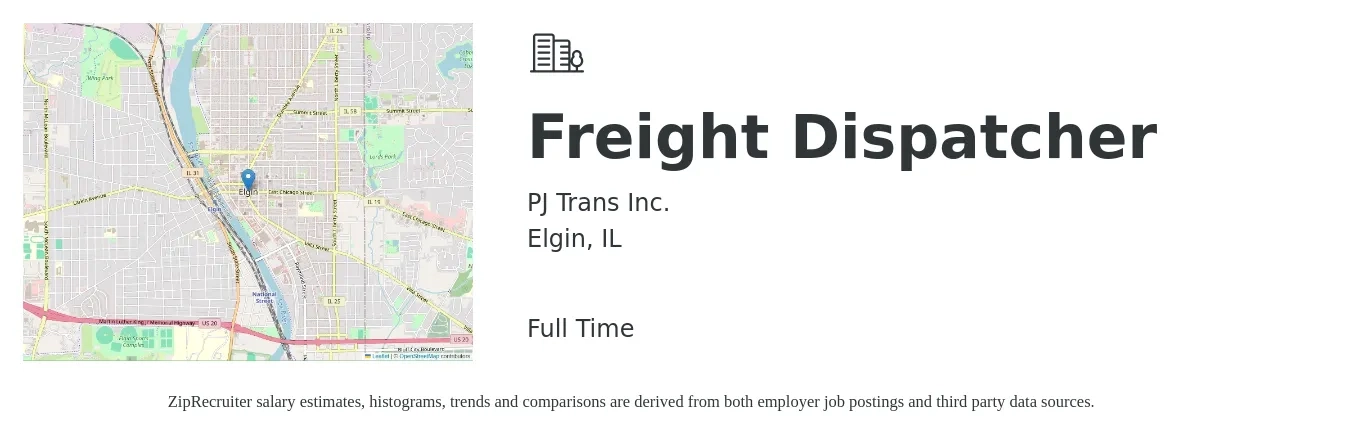 PJ Trans Inc. job posting for a Freight Dispatcher in Elgin, IL with a salary of $42,200 to $73,100 Yearly with a map of Elgin location.