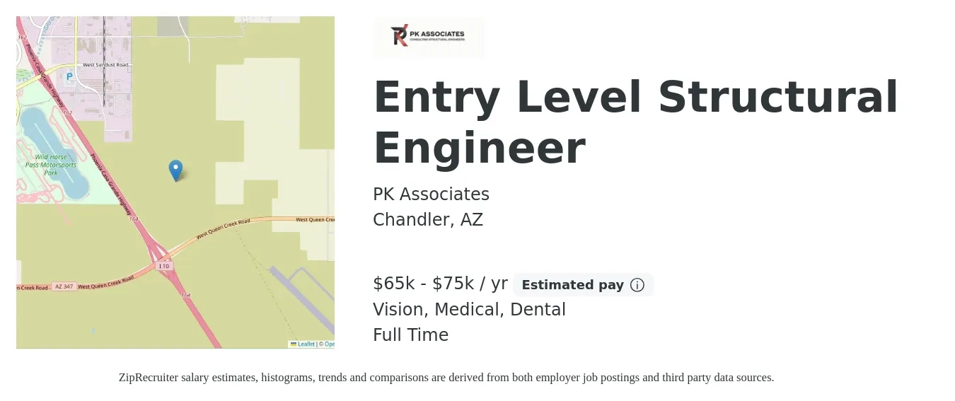 PK Associates job posting for a Entry Level Structural Engineer in Chandler, AZ with a salary of $65,000 to $75,000 Yearly and benefits including dental, life_insurance, medical, retirement, and vision with a map of Chandler location.