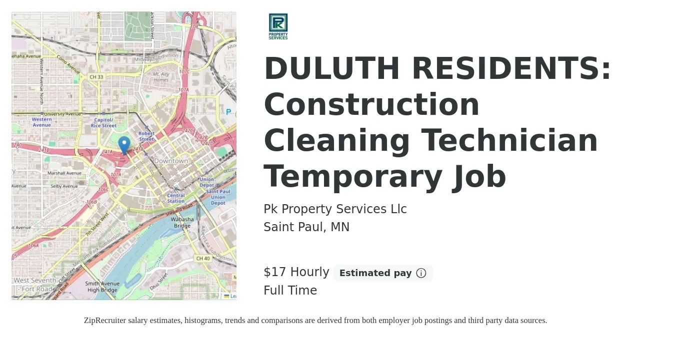 Pk Property Services Llc job posting for a DULUTH RESIDENTS: Construction Cleaning Technician Temporary Job in Saint Paul, MN with a salary of $18 Hourly with a map of Saint Paul location.
