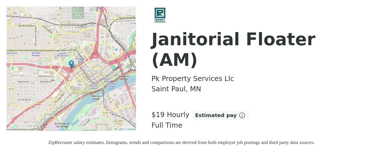 Pk Property Services Llc job posting for a Janitorial Floater (AM) in Saint Paul, MN with a salary of $18 Hourly with a map of Saint Paul location.