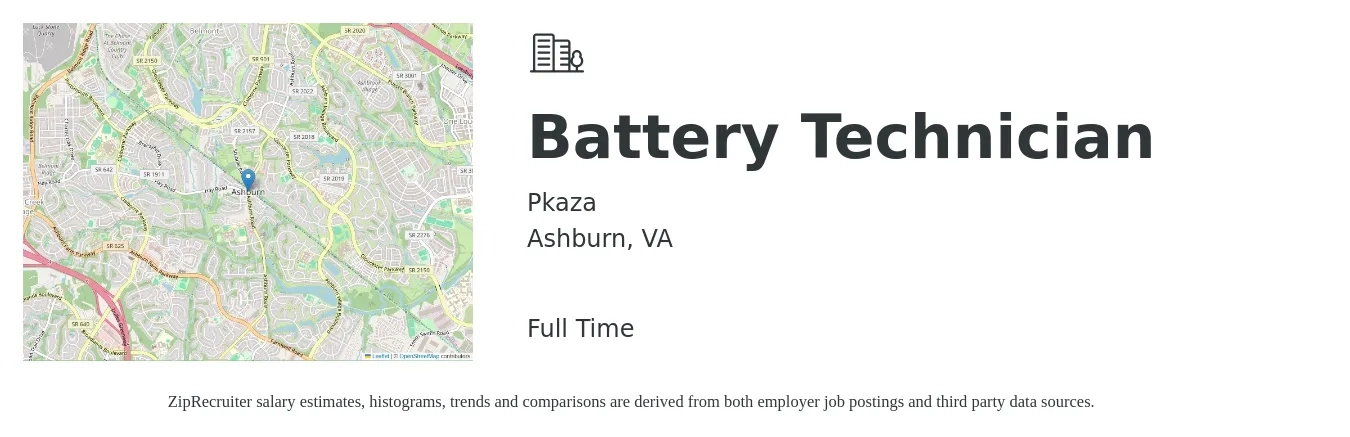 Pkaza job posting for a Battery Technician in Ashburn, VA with a salary of $19 to $26 Hourly with a map of Ashburn location.