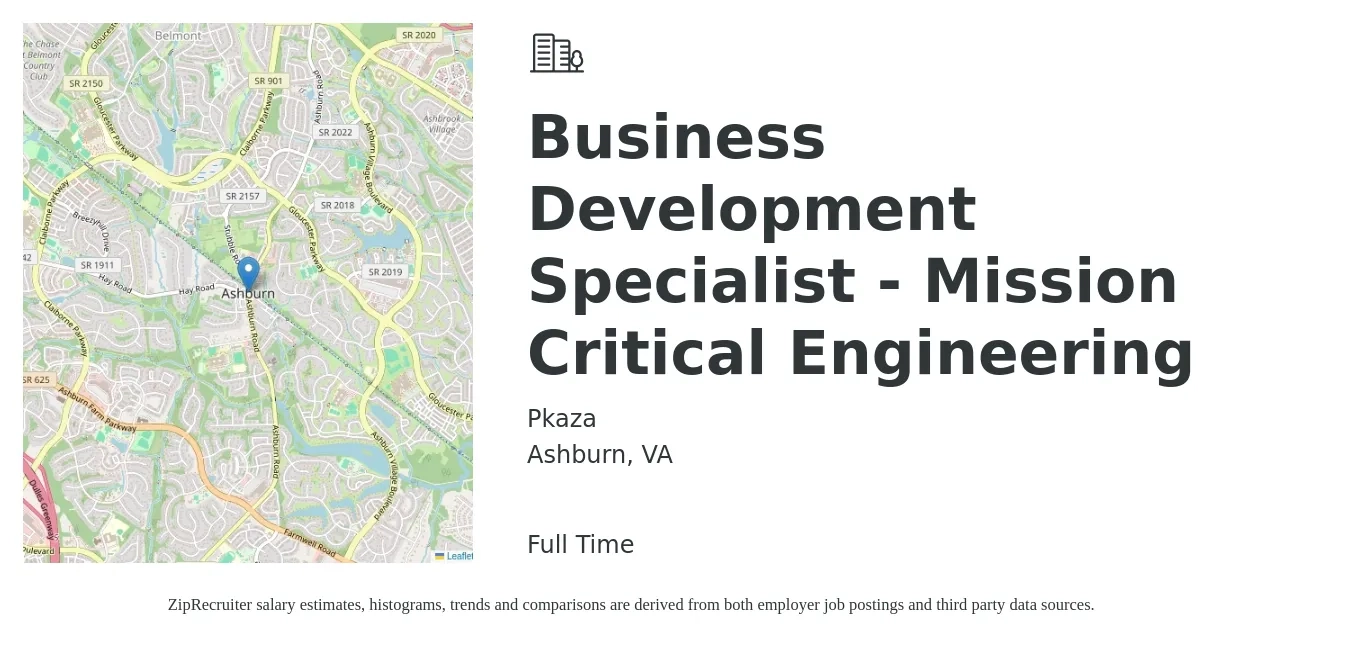 Pkaza job posting for a Business Development Specialist - Mission Critical Engineering in Ashburn, VA with a salary of $48,100 to $80,300 Yearly with a map of Ashburn location.