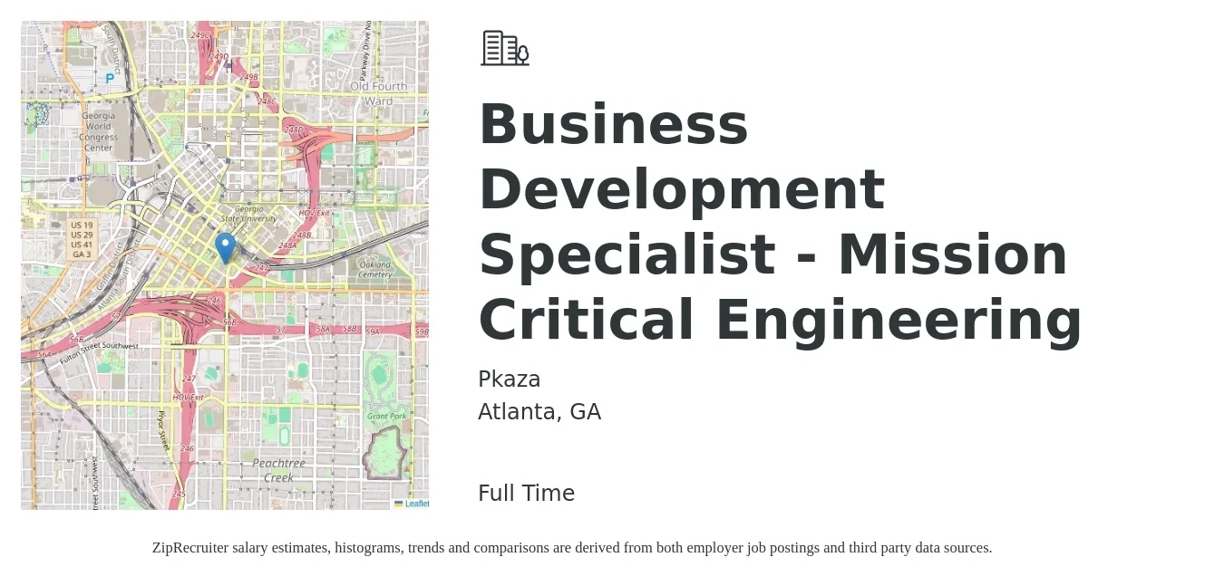 Pkaza job posting for a Business Development Specialist -Mission Critical Engineering in Atlanta, GA with a salary of $46,100 to $77,000 Yearly with a map of Atlanta location.