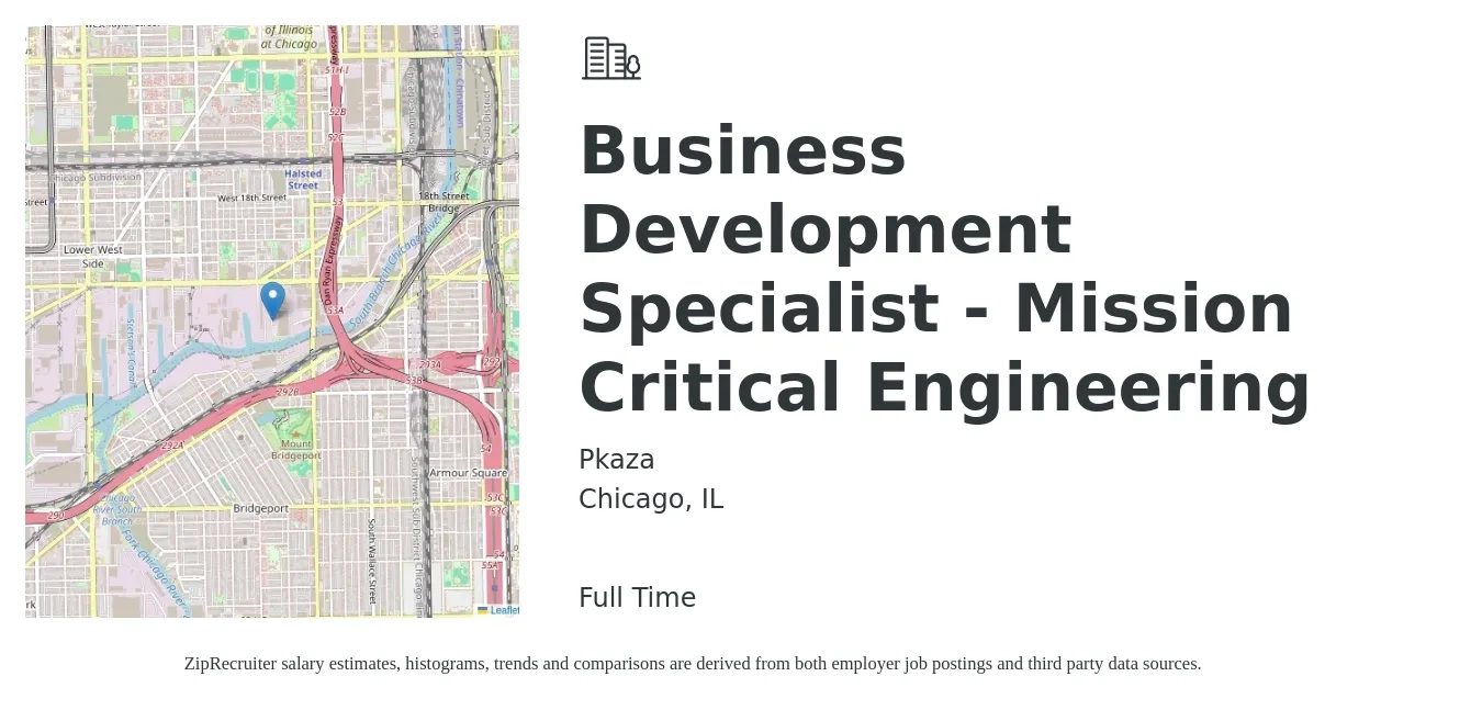 Pkaza job posting for a Business Development Specialist - Mission Critical Engineering in Chicago, IL with a salary of $48,500 to $80,900 Yearly with a map of Chicago location.