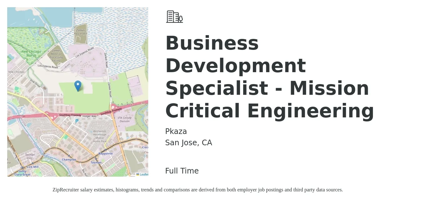 Pkaza job posting for a Business Development Specialist - Mission Critical Engineering in San Jose, CA with a salary of $53,800 to $89,900 Yearly with a map of San Jose location.