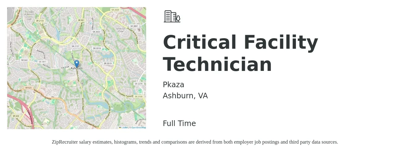 Pkaza job posting for a Critical Facility Technician in Ashburn, VA with a salary of $20 to $28 Hourly with a map of Ashburn location.