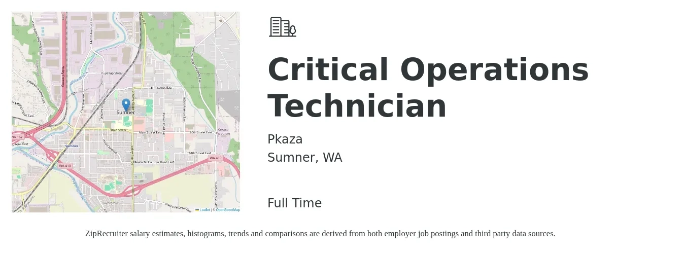 Pkaza job posting for a Critical Operations Technician in Sumner, WA with a salary of $22 to $31 Hourly with a map of Sumner location.