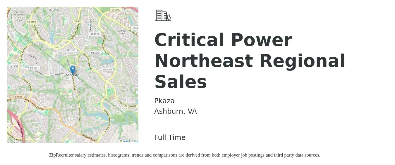 Pkaza job posting for a Critical Power Northeast Regional Sales in Ashburn, VA with a salary of $73,600 to $115,100 Yearly with a map of Ashburn location.