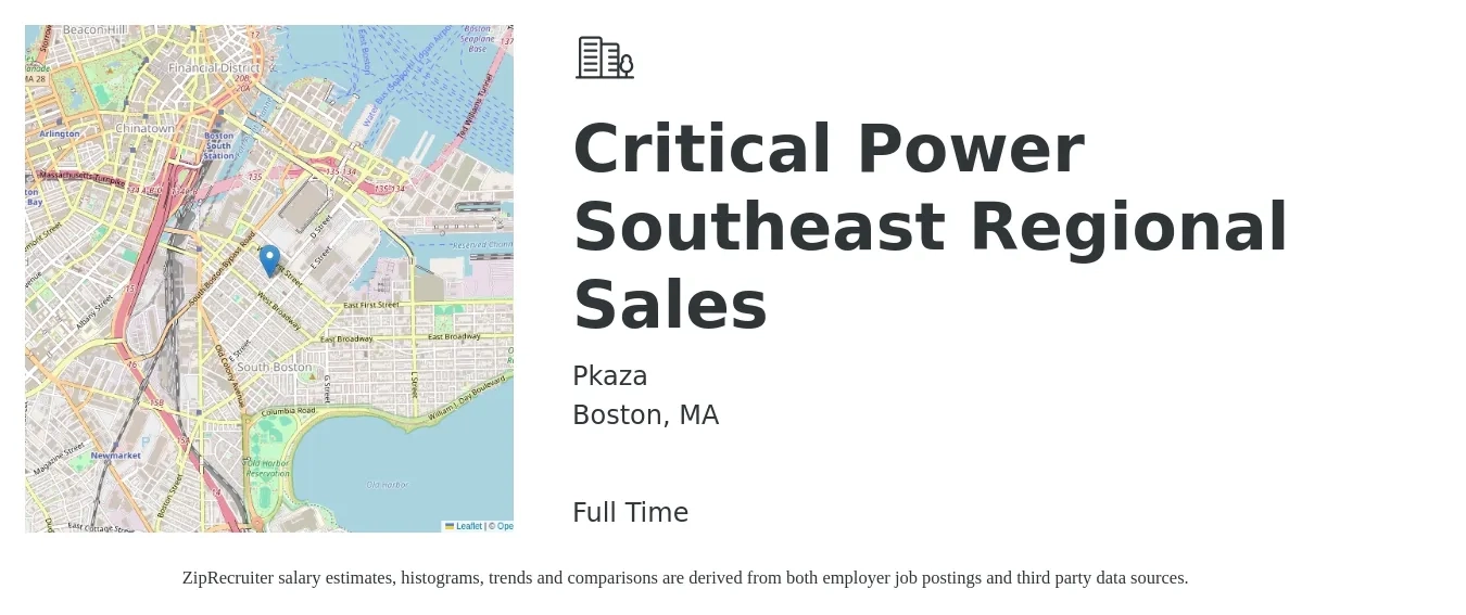 Pkaza job posting for a Critical Power Southeast Regional Sales in Boston, MA with a salary of $78,200 to $122,200 Yearly with a map of Boston location.