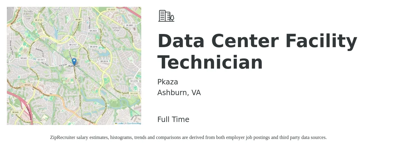 Pkaza job posting for a Data Center Facility Technician in Ashburn, VA with a salary of $22 to $31 Hourly with a map of Ashburn location.