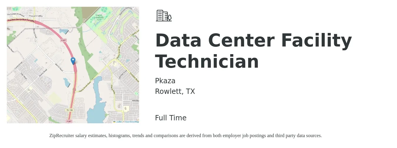 Pkaza job posting for a Data Center Facility Technician in Rowlett, TX with a salary of $19 to $27 Hourly with a map of Rowlett location.
