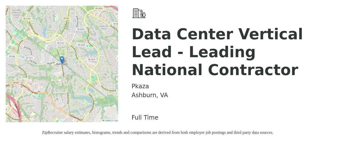 Pkaza job posting for a Data Center Vertical Lead - Leading National Contractor in Ashburn, VA with a salary of $170,800 Yearly with a map of Ashburn location.