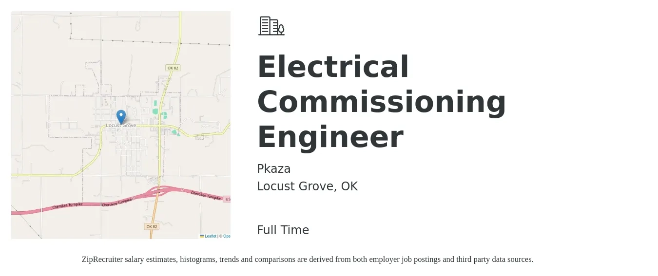 Pkaza job posting for a Electrical Commissioning Engineer in Locust Grove, OK with a salary of $68,300 to $111,700 Yearly with a map of Locust Grove location.