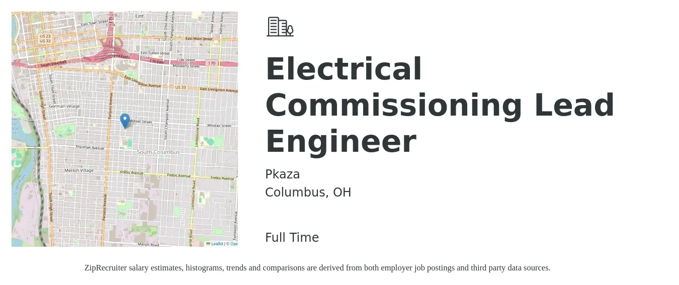 Pkaza job posting for a Electrical Commissioning Lead Engineer in Columbus, OH with a salary of $145,200 to $151,600 Yearly with a map of Columbus location.