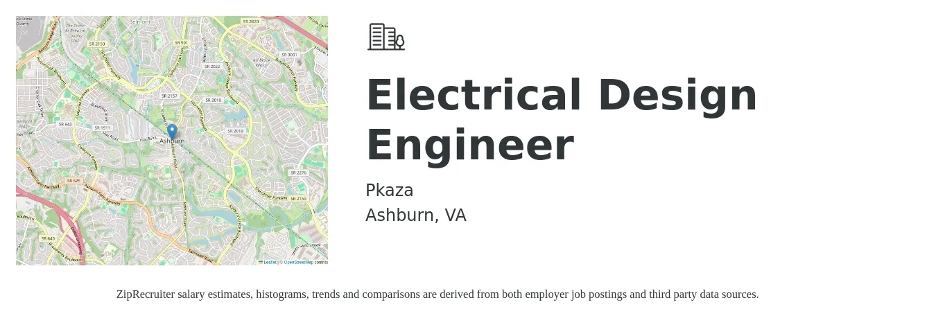 Pkaza job posting for a Electrical Design Engineer in Ashburn, VA with a salary of $84,400 to $118,100 Yearly with a map of Ashburn location.