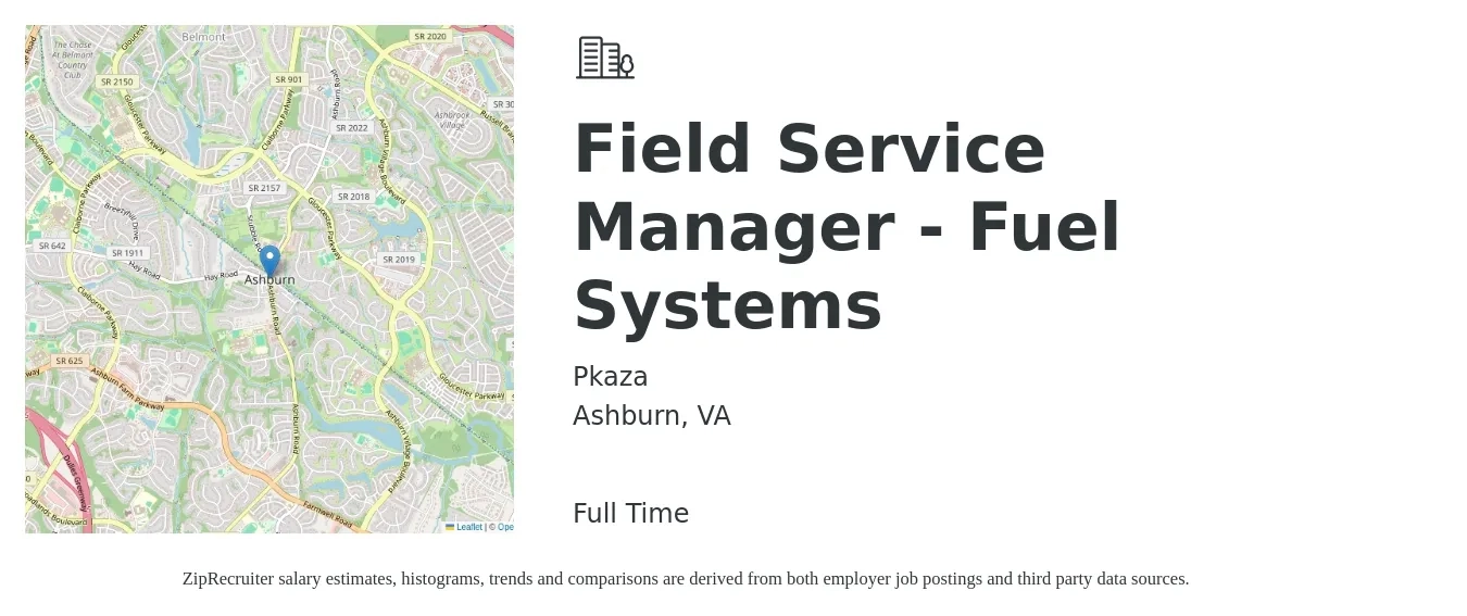 Pkaza job posting for a Field Service Manager - Fuel Systems in Ashburn, VA with a salary of $22 to $38 Hourly with a map of Ashburn location.