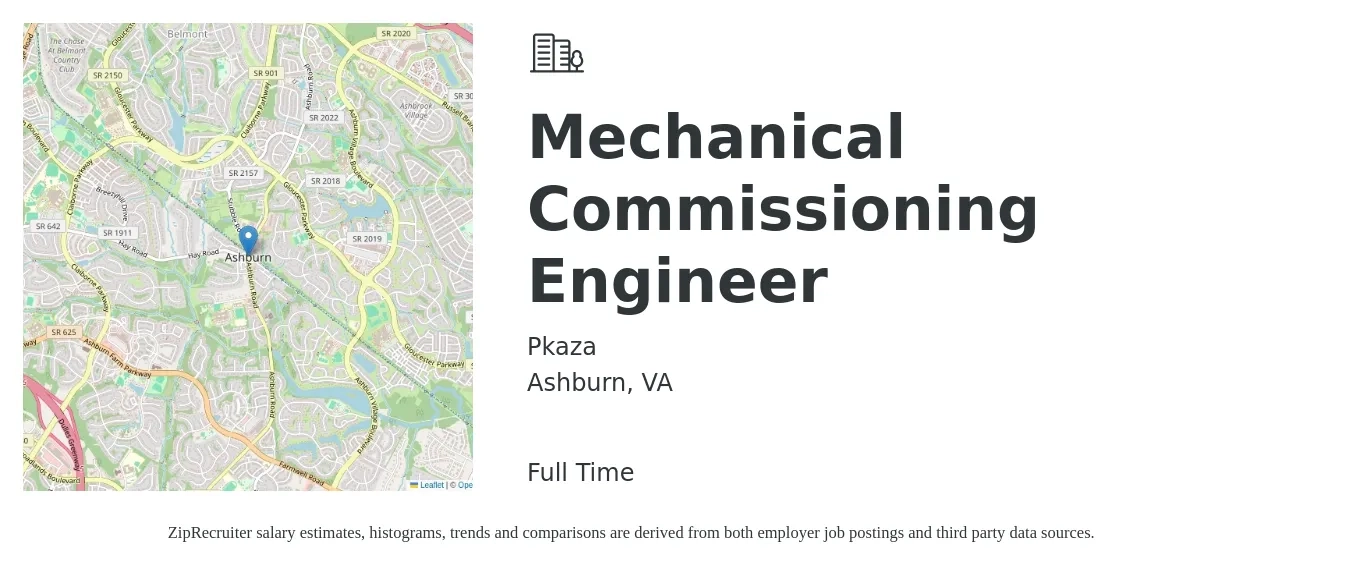 Pkaza job posting for a Mechanical Commissioning Engineer in Ashburn, VA with a salary of $89,000 to $110,500 Yearly with a map of Ashburn location.