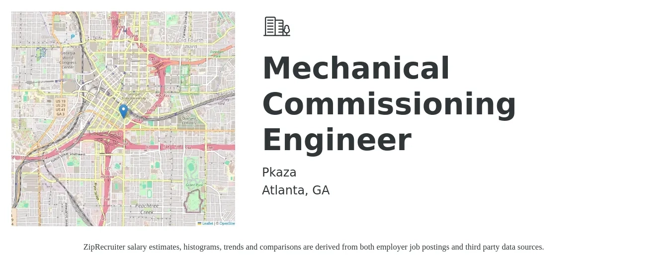 Pkaza job posting for a Mechanical Commissioning Engineer in Atlanta, GA with a salary of $85,300 to $105,900 Yearly with a map of Atlanta location.