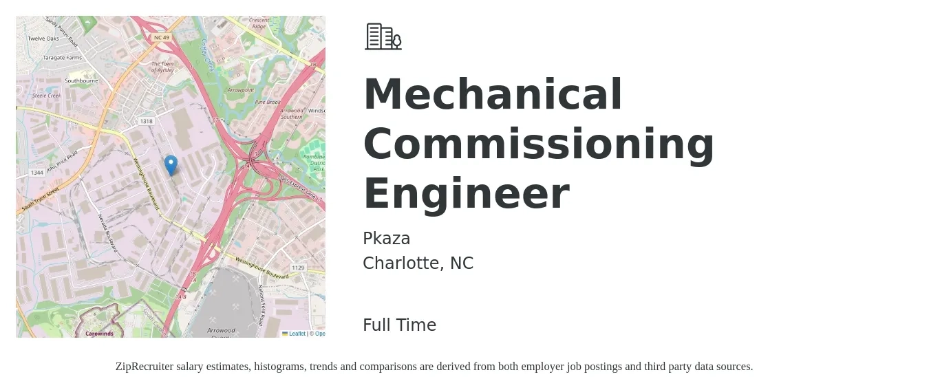 Pkaza job posting for a Mechanical Commissioning Engineer in Charlotte, NC with a salary of $84,800 to $105,200 Yearly with a map of Charlotte location.