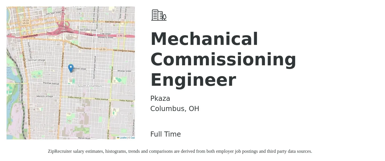 Pkaza job posting for a Mechanical Commissioning Engineer in Columbus, OH with a salary of $84,000 to $104,300 Yearly with a map of Columbus location.