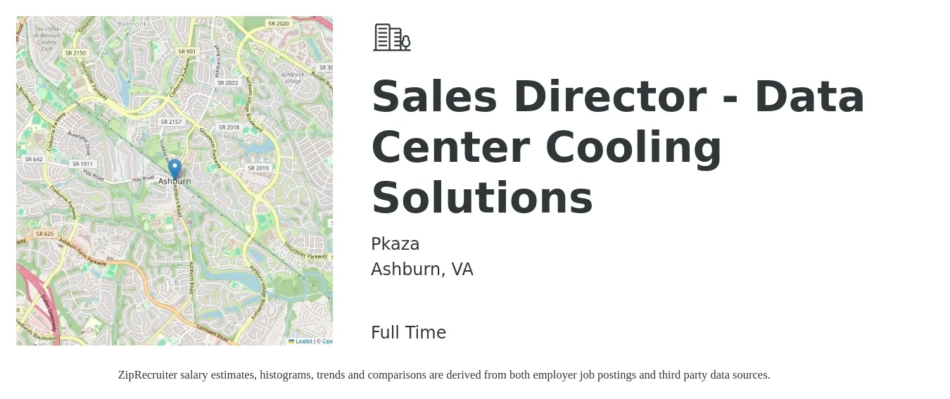 Pkaza job posting for a Sales Director - Data Center Cooling Solutions in Ashburn, VA with a salary of $72,100 to $127,900 Yearly with a map of Ashburn location.