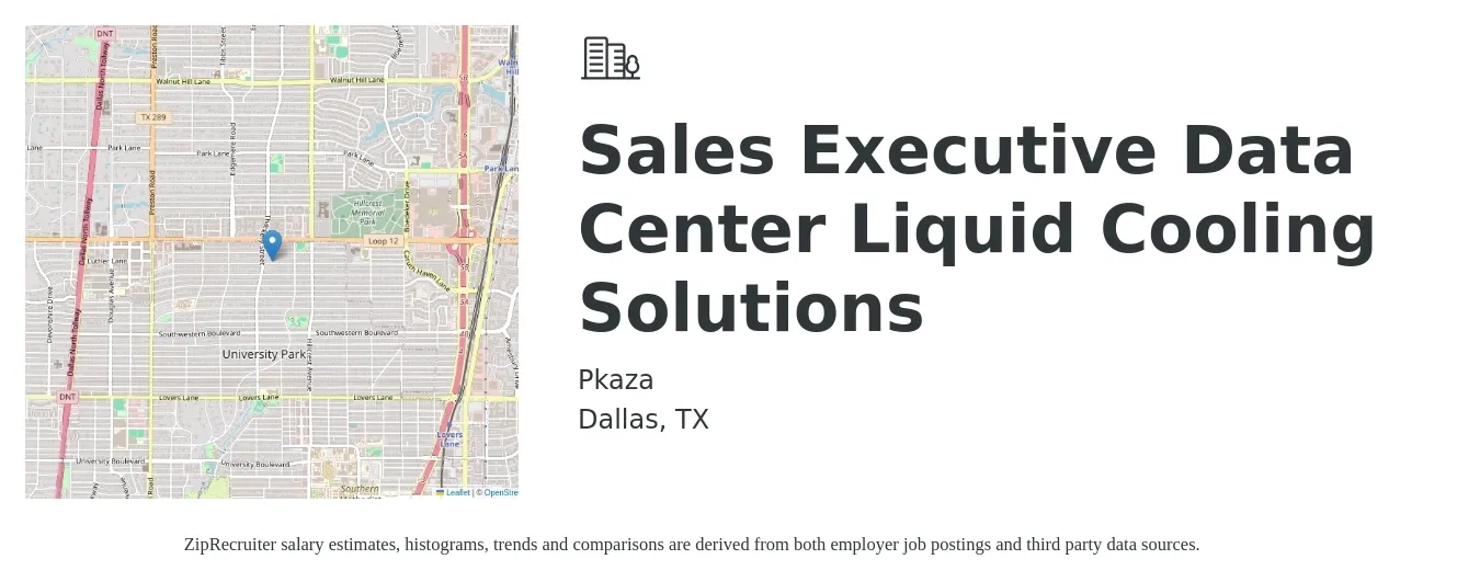 Pkaza job posting for a Sales Executive - Data Center Liquid Cooling Solutions in Dallas, TX with a salary of $64,300 to $120,200 Yearly with a map of Dallas location.