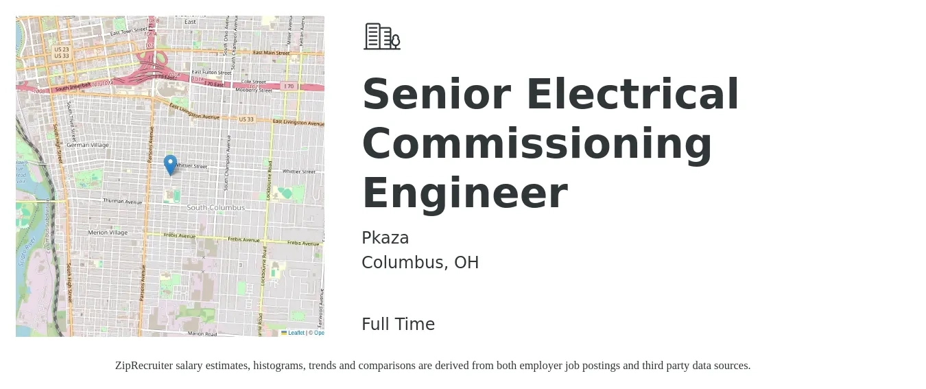 Pkaza job posting for a Senior Electrical Commissioning Engineer in Columbus, OH with a salary of $103,800 to $135,100 Yearly with a map of Columbus location.