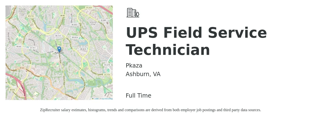 Pkaza job posting for a UPS Field Service Technician in Ashburn, VA with a salary of $20 to $30 Hourly with a map of Ashburn location.