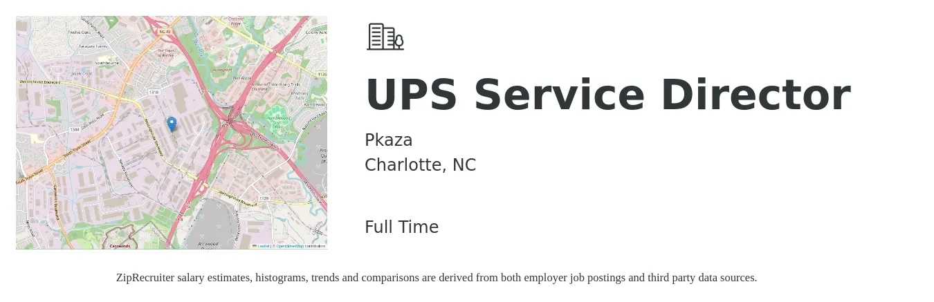 Pkaza job posting for a UPS Service Director in Charlotte, NC with a salary of $54,700 to $100,300 Yearly with a map of Charlotte location.