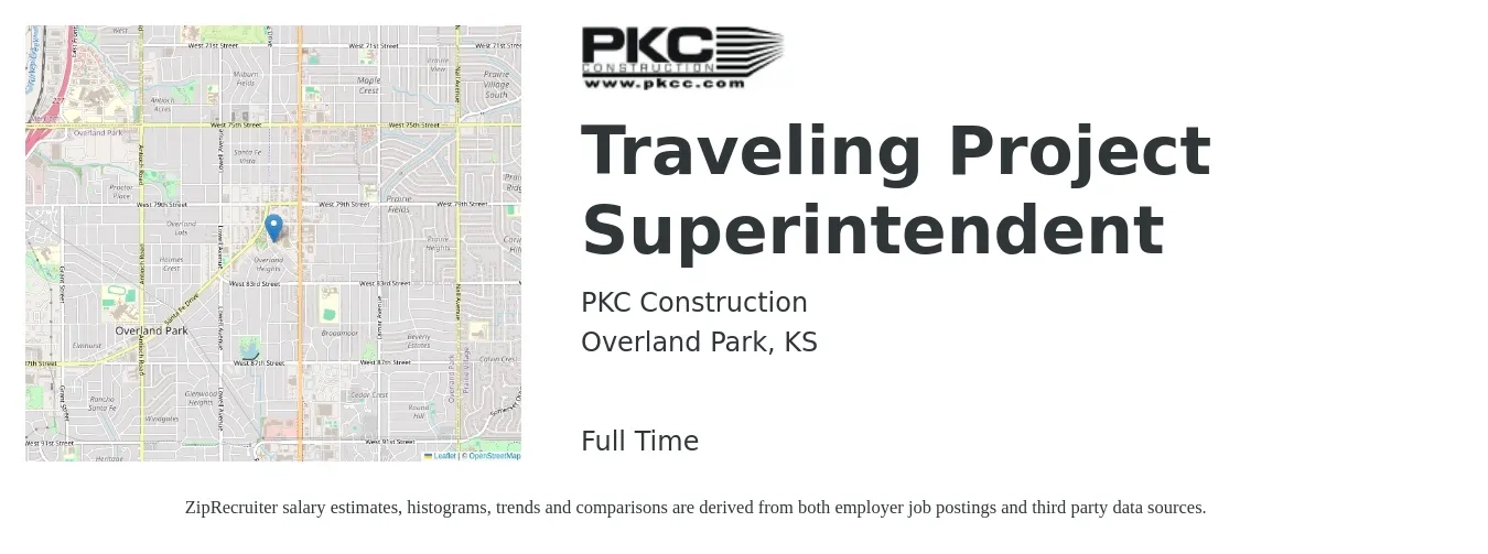 PKC Construction job posting for a Traveling Project Superintendent in Overland Park, KS with a salary of $82,800 to $115,700 Yearly with a map of Overland Park location.