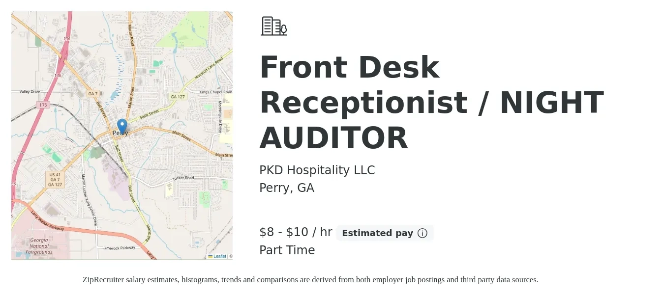 PKD Hospitality LLC job posting for a Front Desk Receptionist / NIGHT AUDITOR in Perry, GA with a salary of $9 to $11 Hourly with a map of Perry location.