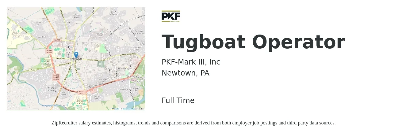 PKF-Mark III, Inc job posting for a Tugboat Operator in Newtown, PA with a salary of $20 to $29 Hourly with a map of Newtown location.