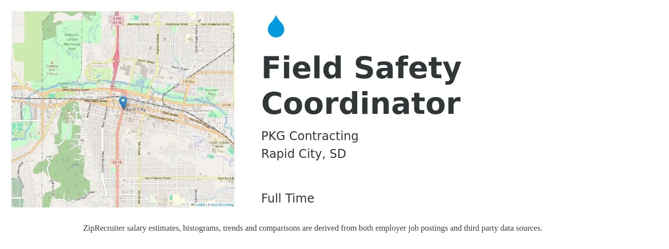 PKG Contracting job posting for a Field Safety Coordinator in Rapid City, SD with a salary of $21 to $32 Hourly with a map of Rapid City location.