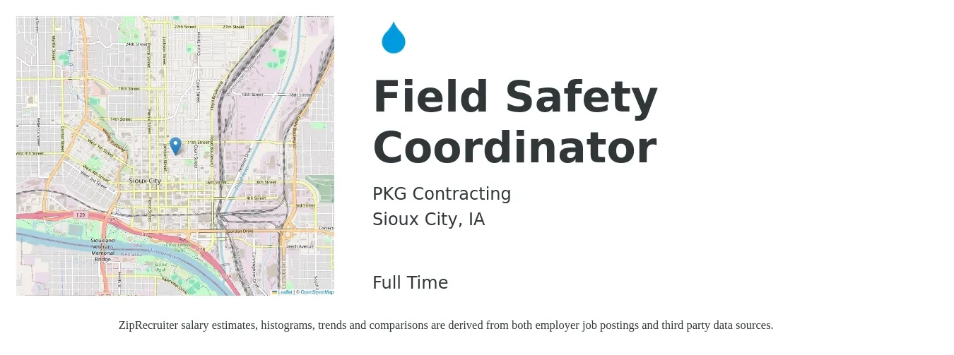 PKG Contracting job posting for a Field Safety Coordinator in Sioux City, IA with a salary of $25 to $37 Hourly with a map of Sioux City location.