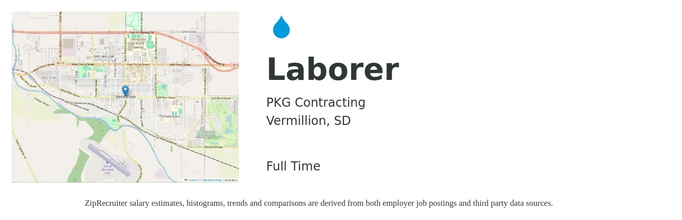 PKG Contracting job posting for a Laborer in Vermillion, SD with a salary of $16 to $20 Hourly with a map of Vermillion location.