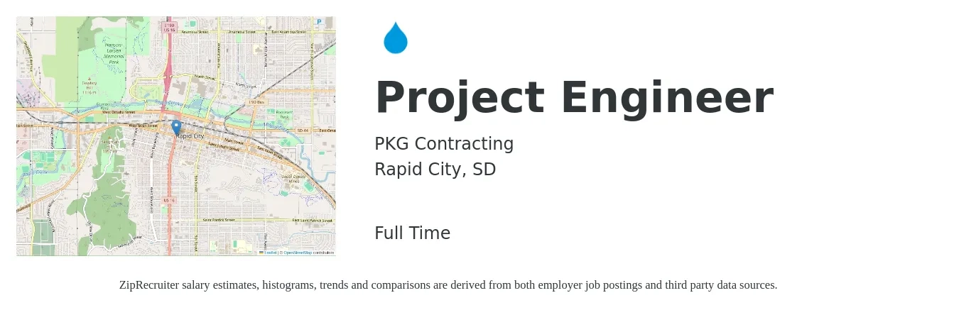 PKG Contracting job posting for a Project Engineer in Rapid City, SD with a salary of $62,000 to $86,700 Yearly with a map of Rapid City location.