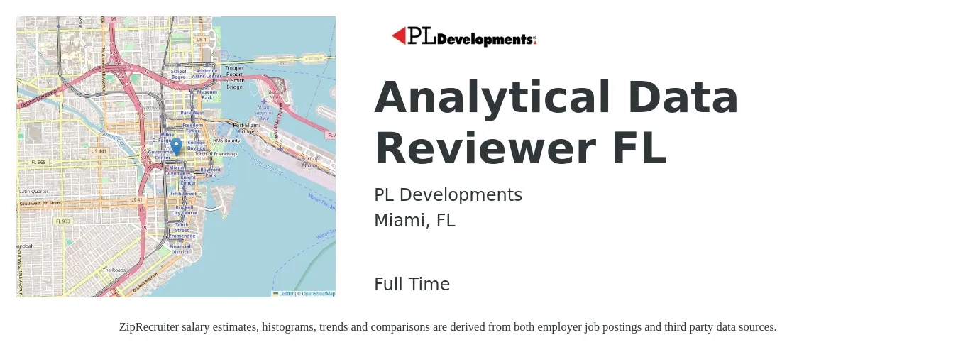 PL Developments job posting for a Analytical Data Reviewer FL in Miami, FL with a salary of $14 to $36 Hourly with a map of Miami location.